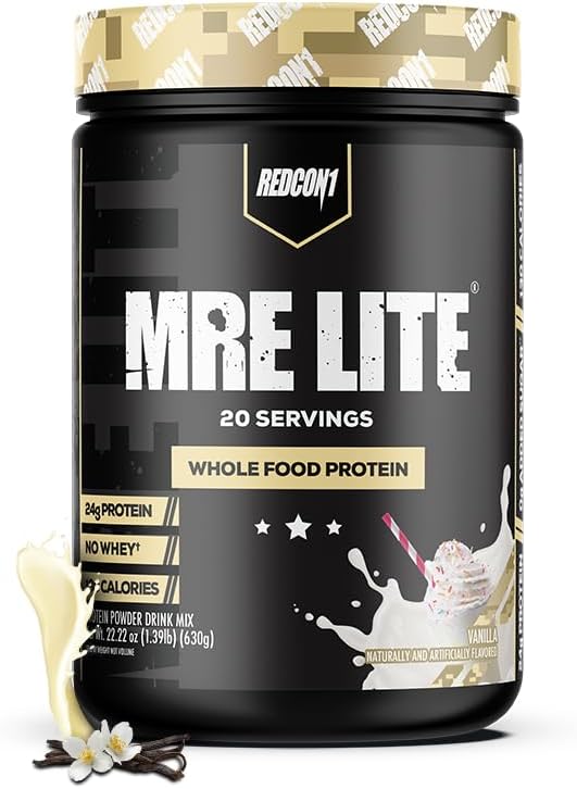 REDCON1 MRE Lite poudre de protéines alimentaires entières, Vanille - faible teneur en glucides et en lactosérum substitut sans repas avec des mélanges de protéines animales - supplément facile à digérer fait avec des huiles MCT (20 portions)