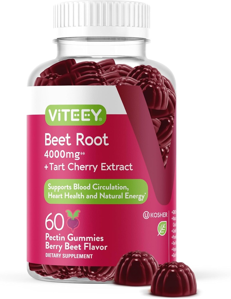Gommies de racines de betteraves de Viteey 4000mg avec cerise de tart - pour le soutien de la pression artérielle saine - Vegan, sans gélatine, sans gluten - Gummy aromatisé aux baies de betteraves croustillantes