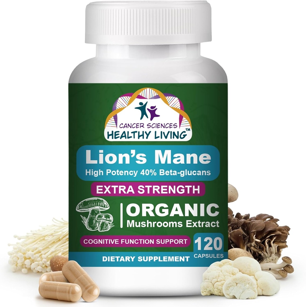 Cancer Sciences Organic Lions Mane Mushroom Supplément Capsules pour les hommes et les femmes - 1500mg Cerveau Suppléments pour la mémoire et le focus - Haute puissance 40% Beta-Glucans - Complexe de champignons nootropes, 120 Comte