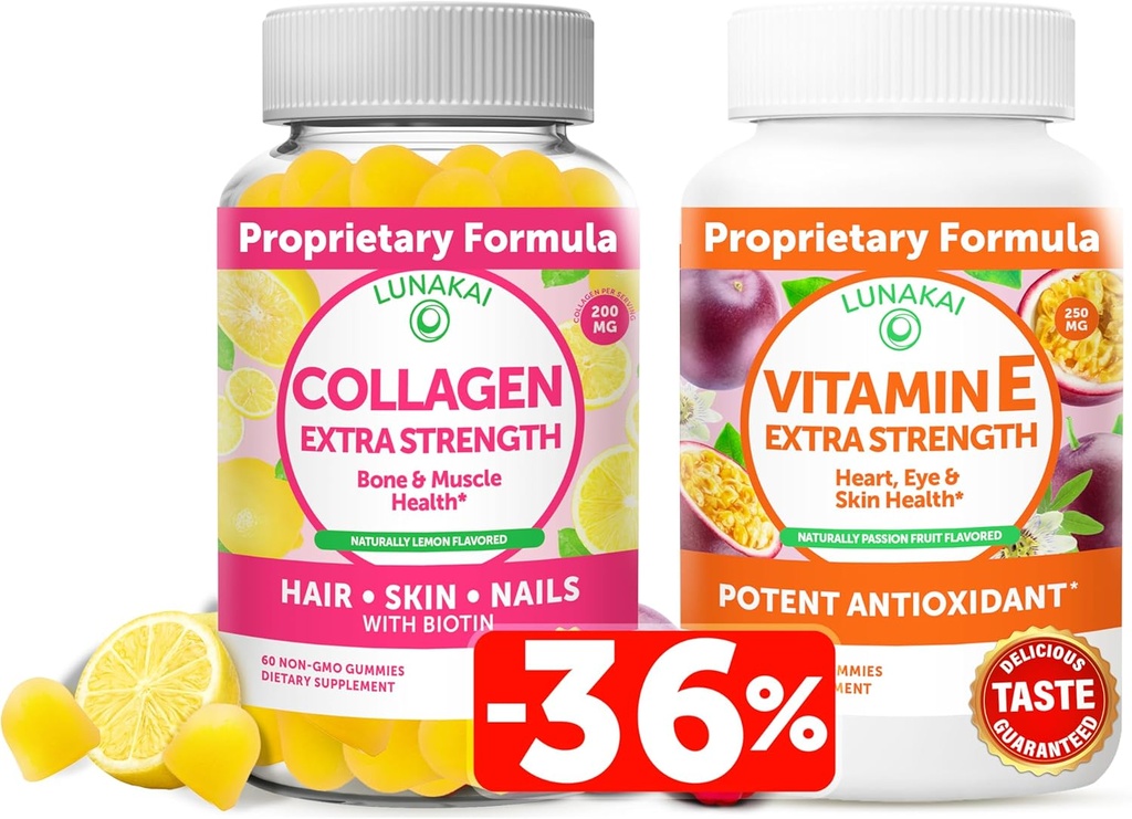Lunakai Collagène et Gommies de vitamine E - Suppléments anti-âge non-OGM pour les hommes et les femmes - Gommy naturel avec vitamine C et 250 mg VIT naturel E