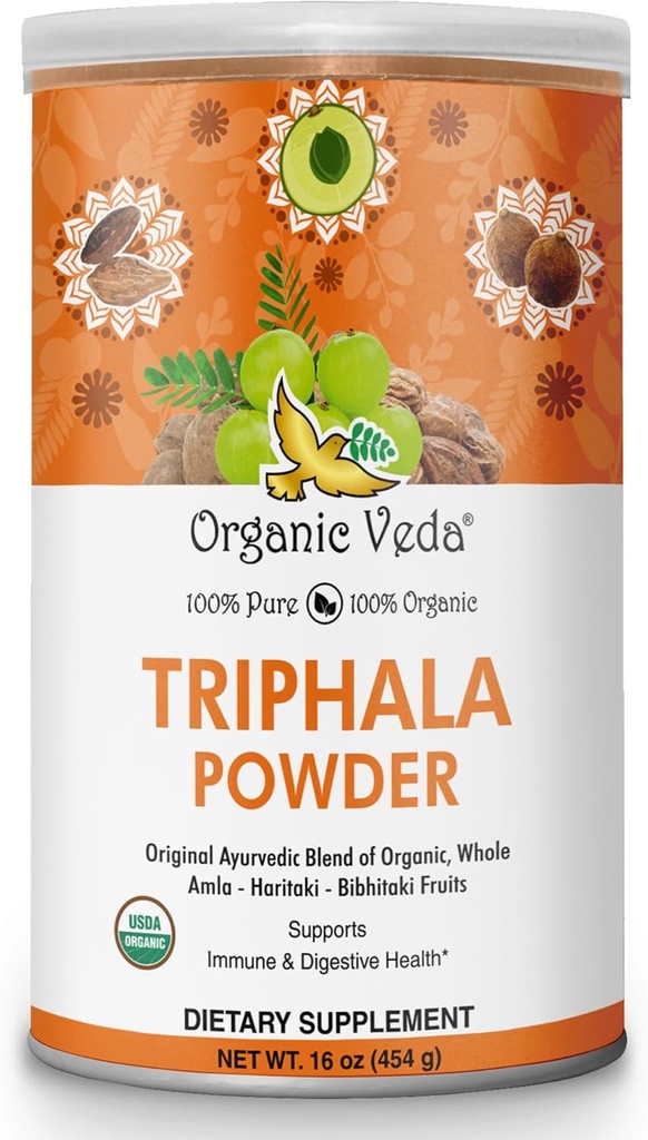 Poudre Veda Triphala bio avec Amla, Haritaki, Bibhitaki Fruits - 100% de poudre ayurvédique - Améliore le soutien immunitaire, la digestion, le nettoyage des colonies, la santé de la peau - végétalien, non-OGM - 16oz