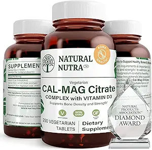 Citrate Nutra Cal-Mag naturel avec complexe de vitamine D3,1000/500 mg, renforcer la densité osseuse, la santé musculaire et nerveuse, aider à maintenir des dents saines, sources hautement biodisponibles, 250 comprimés végétaliens