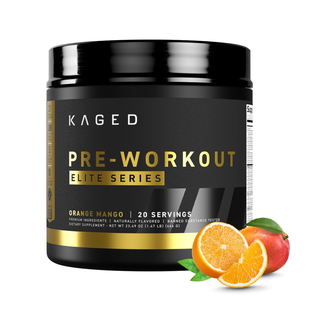 Poudre de pré-entraînement Kaged pour hommes et femmes, haute stimulation pour l'énergie, Focus, pompes, L-Citrulline, Beta Alanine, Créatine et 388mg de caféine biologique, mangue orange