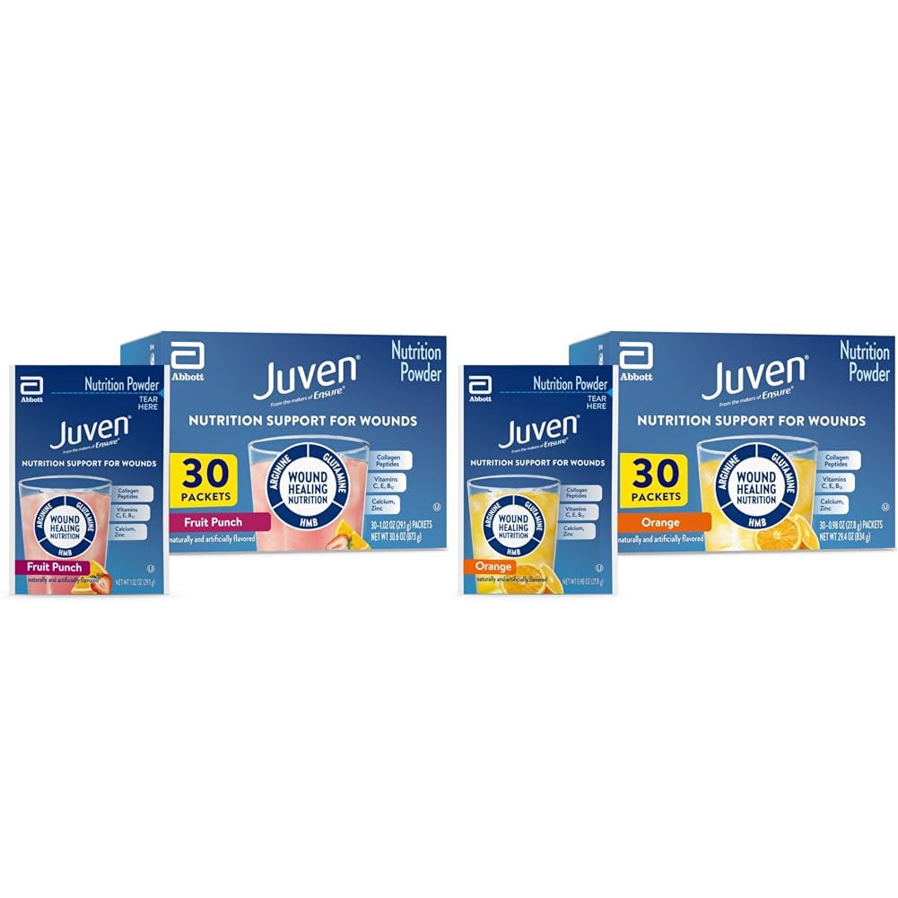 Juven Therapeutic Nutrition Drink Mix Powder for Wound Healing Support, Comprend les protéines de collagène, Orange 30 Comte & Fruit Punch 30 Comte, 60 Total Packets
