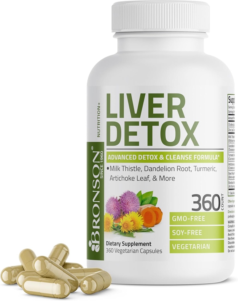 Bronson Liver Detox Advanced Detox & Cleansing Formula soutient la santé Fonction hépatique avec le chardon de lait, racine de dandelion, curcuma, feuille d'artichaut et plus, non-OGM, 360 capsules végétariennes