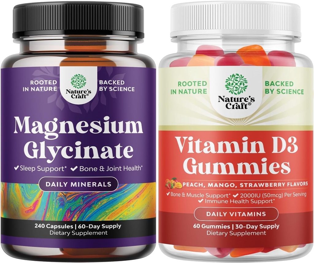 Ensemble de Glycinat de Magnésium pur 400mg par portion pour le sommeil d'humeur et la relaxation 240ct et vitamine D3 Gummies pour le bien-être quotidien ou le muscle osseux et le soutien immunitaire