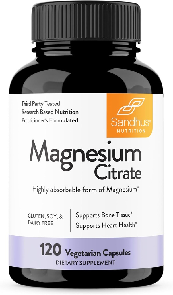 Sandhu's Magnesium Citrate Highly Absorbable Gluten, Soy Diary Free No Fillers 120 Vegetarian Capsules