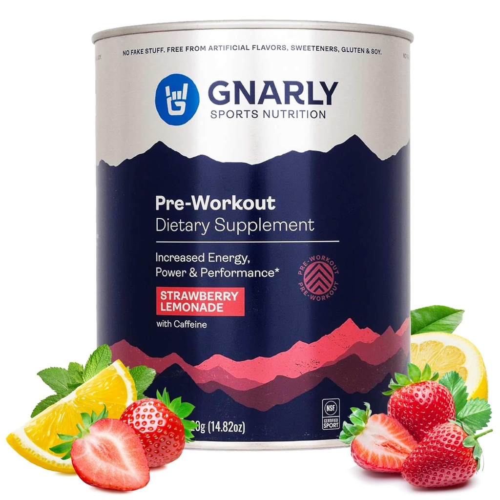 Nutrition Gnarly Poudre pré-entraînement naturelle, citronnade de fraise – NSF Sport Certifié, Endurance et récupération – Pré-entraînement végétalien, nutrition sportive – citronnade de fraise avec caféine, 14,82 oz