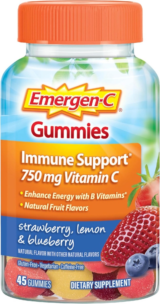 Emergen-C 750mg Gommies de vitamine C pour adultes, Gommies de soutien immunitaire, sans gluten, fraises, citron et bleuets - 45 Nombre