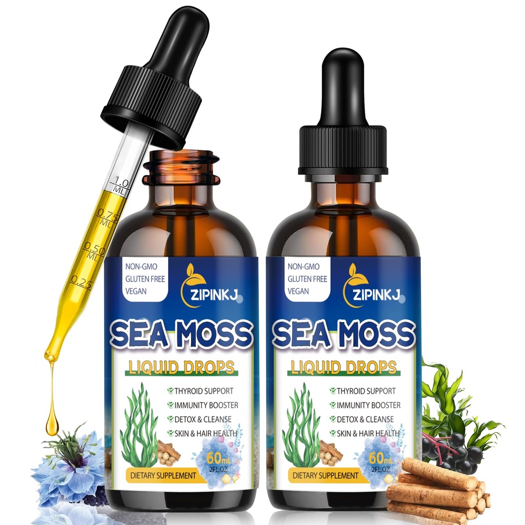 Gouttes de mousse de mer biologique, 11 en 1 Huile de graines noires et de mousse de mer liquide irlandaise Gel Ashwagandha Root, Spiruline, Bladderwrack, Elderberry pour la digestion, Immunité, santé des cheveux de peau, non-OGM - 4 Fl Oz