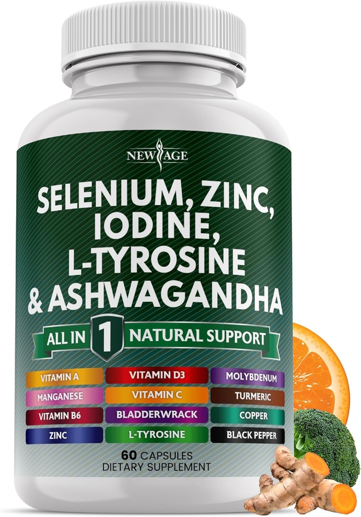Selenium, Zinc, Iodine, L Tyrosine, Ashwagandha - Support Supplement for Women and Men with Bladderwrack, Turmeric, Silica Kelp, Schisandra - 60 Count