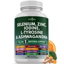 Sélénium, Zinc, Iodine, L Tyrosine, Ashwagandha - Supplément de soutien pour les femmes et les hommes avec Bladderwrack, Turmeric, Silica Kelp, Schisandra - 60 comte