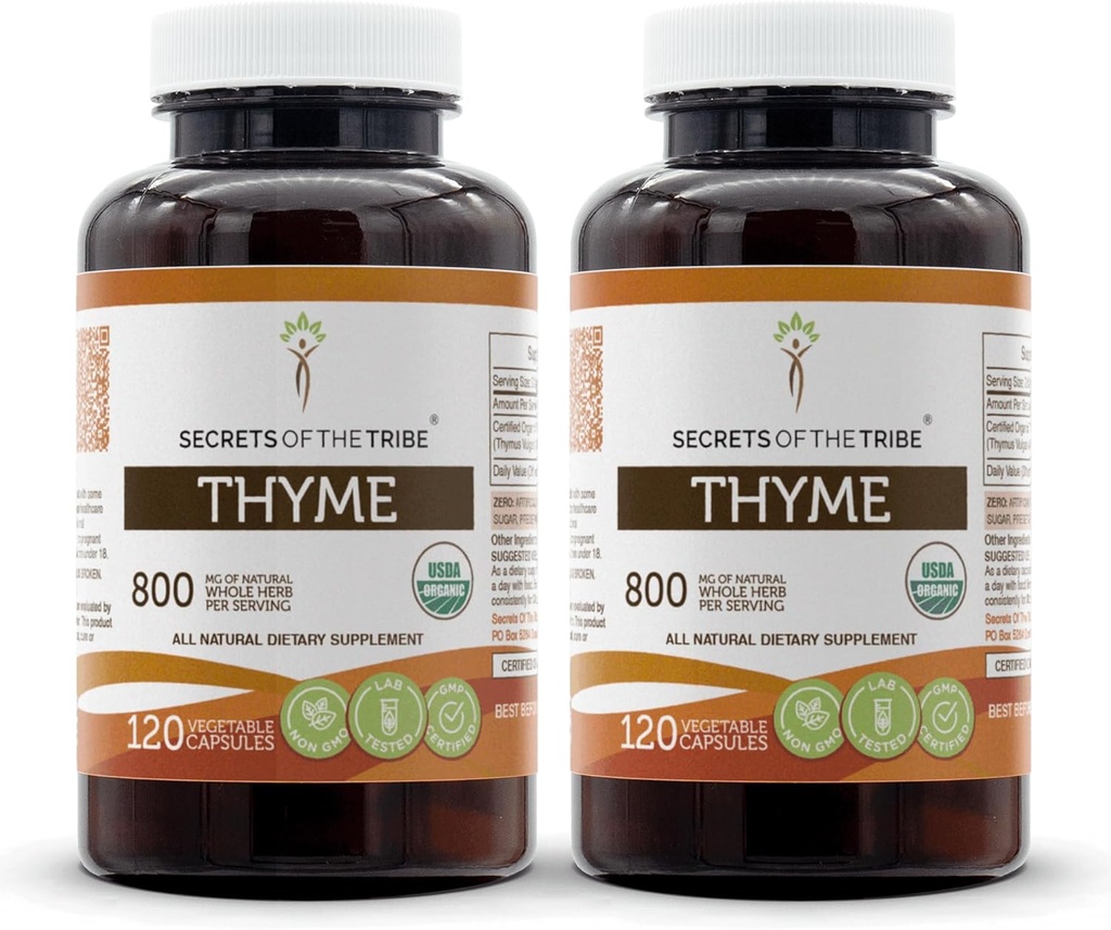 Secrets de la Tribe Thyme 2x120 Capsules, faites avec des capsules végétales et de l'effet Toni Thymus Vulgaris biologique USDA (2x120 Capsules)