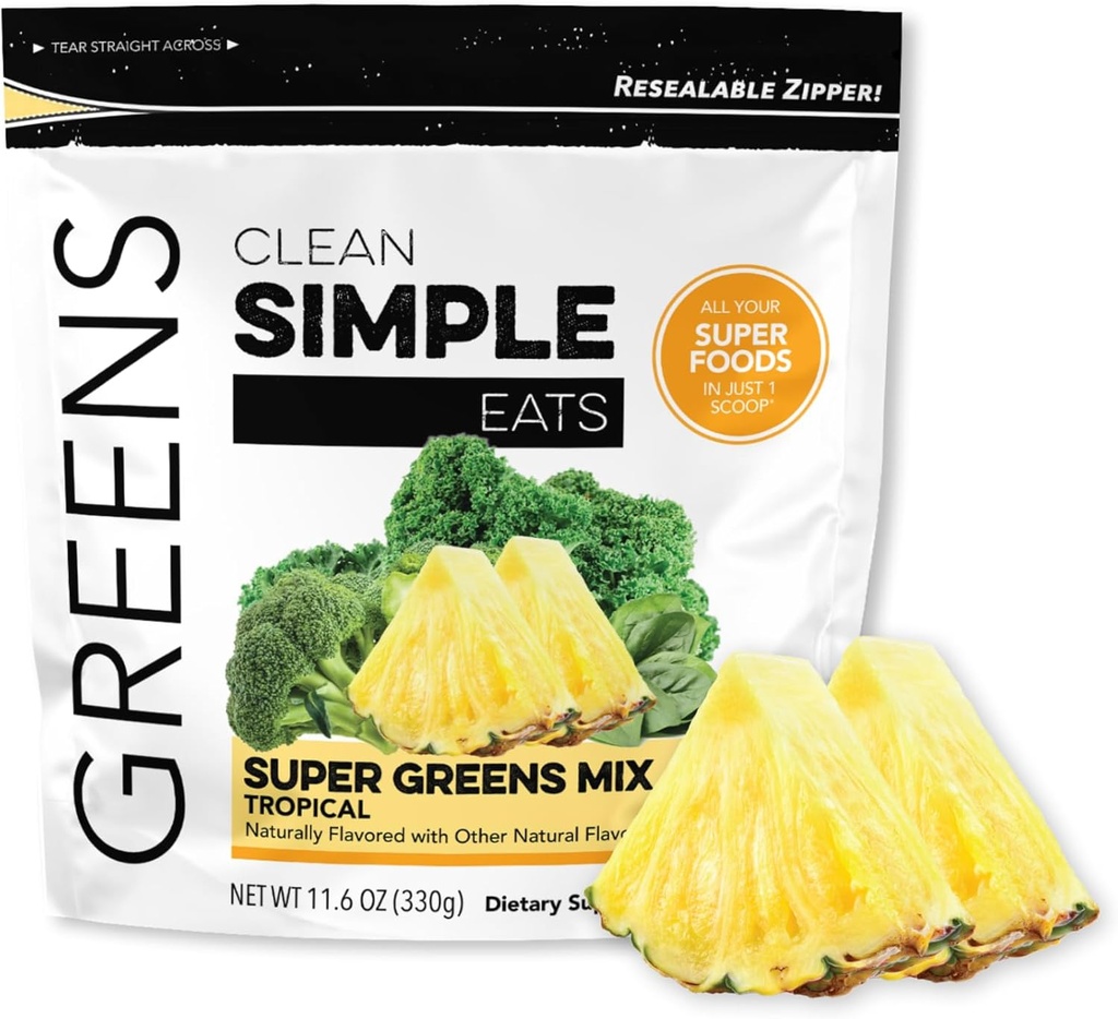 Nettoyer simple mange de la poudre de Super Greens, naturellement aromatisé de Greens poudre avec Chlorella, Spiruline, Superfoods et fibre prébiotique, Pas d'ingrédients artificiels, sans gluten, Verts tropicaux Aromat, 30 Srvg