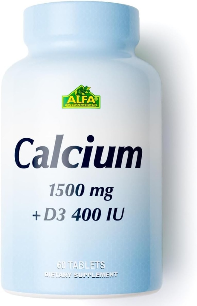 ALFA VITAMINS Calcium 1500mg & Vitamine D3 400 UI, soutient la santé osseuse et le système immunitaire, Vitamines essentielles pour les os forts et les dents, supplément de citrate de calcium avec vitamine D3, 60 comprimés