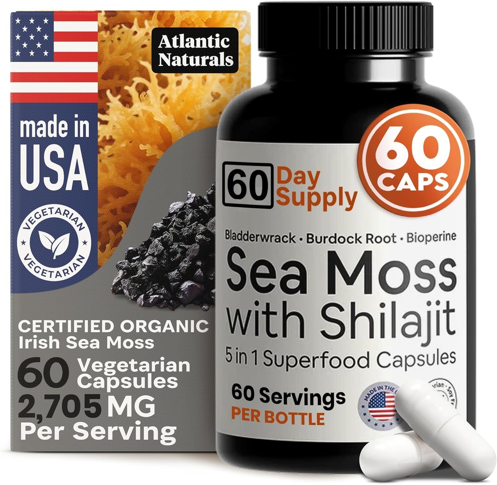 Capsules de mousse de mer et de chilajit de l'Atlantique naturel – 5-en-1 Seamoss Shilajit Combo avec Bladderwrack, Burdock Root & Black Pepper – Suppléments de mousse de mer pour l'absorption et la vitalité – 2705 mg – 60 Compte