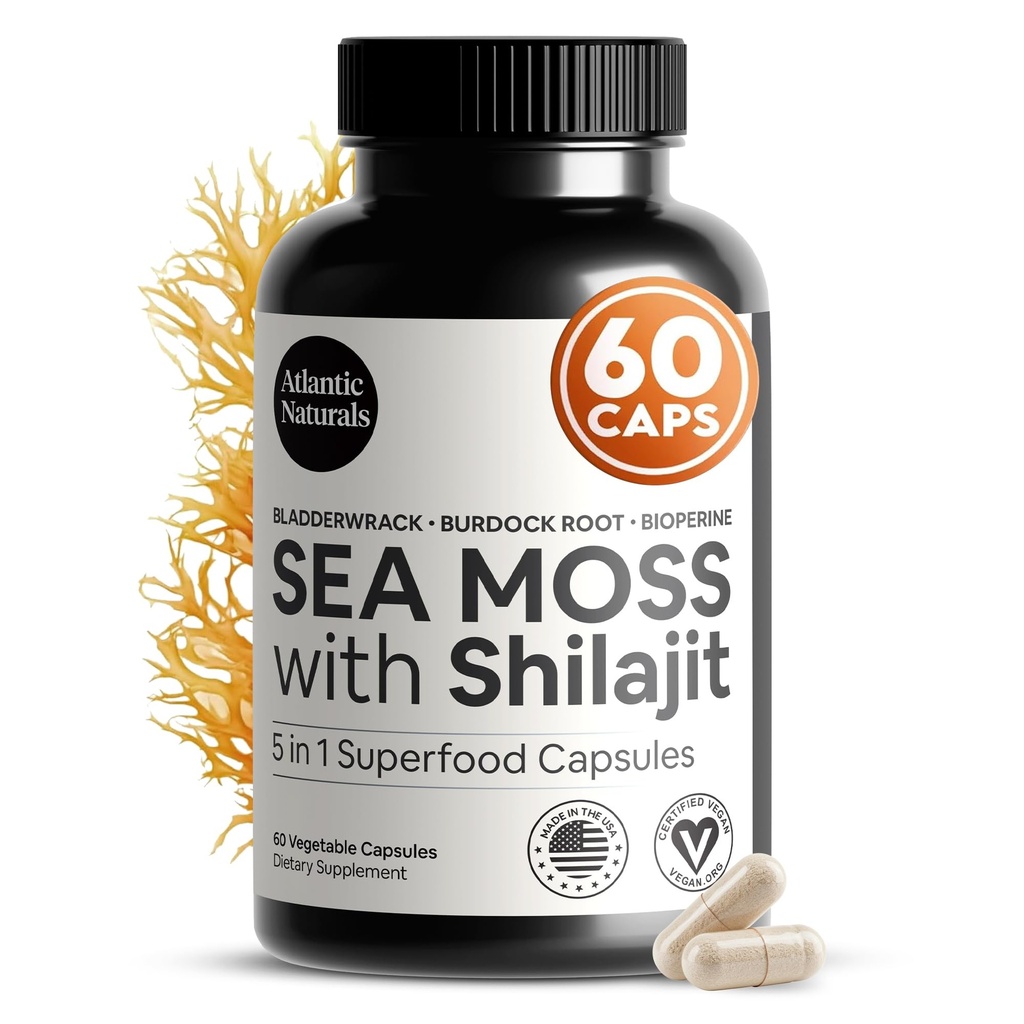 Capsules de mousse de mer et de chilajit de l'Atlantique naturel – 5-en-1 Seamoss Shilajit Combo avec Bladderwrack, Burdock Root & Black Pepper – Suppléments de mousse de mer pour l'absorption et la vitalité – 2705 mg – 60 Compte