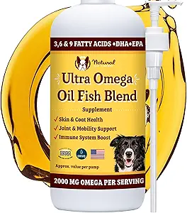 Natural Dog Company Ultra Omega Oil for Dogs a 2000 MG Omega 3, 6, 9 avec Salmon, Pollock & Linseed Oil, EPA & DHA, Supplément de chien pour la peau, manteau, articulations, allergie et démangeaison, Dog Fish Oil 16oz