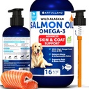 Huile de saumon pour chiens - Omega 3 pour chiens - 16 FL OZ Huile de saumon sauvage de l'Alaska - Acides gras naturels de l'EPA et de l'ADH pour la peau et le manteau, l'allergie, les articulations et la santé des os - Supplément de soutien liquide pour le mouillage