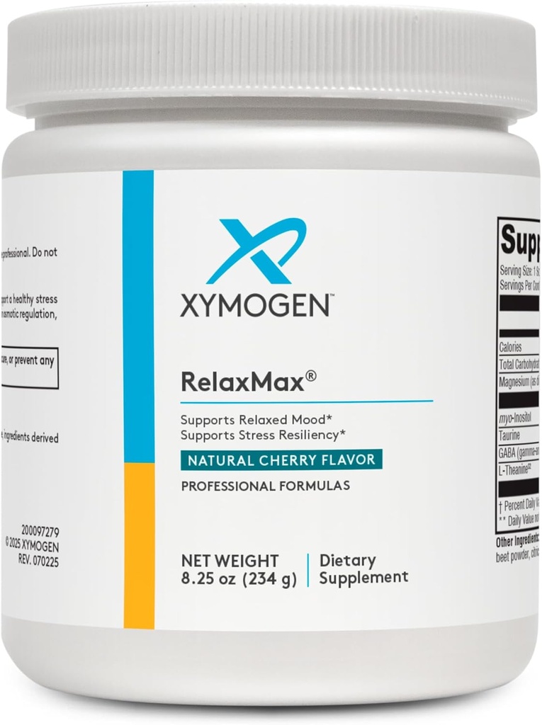 XYMOGEN RelaxMax Drink Mix - favorise la relaxation, la résilience au stress et le soutien hormonal - Poudre de magnésium avec Myo-Inositol, GABA, L-Theanine - supplément de soutien à l'humeur aux arômes de cerise (8,25 oz)