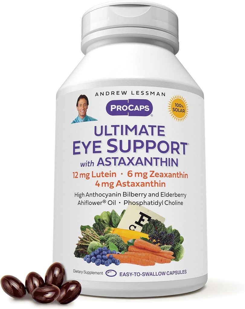 ANDREW LESSMAN Ultimate Eye Support with Astaxanthin 60 Softgels - 12mg Lutein, 6mg Zeaxanthin, 4mg Astaxanthin, Bilberry. Éléments nutritifs clés pour appuyer la santé oculaire, promouvoir une vision saine. Aucun additif
