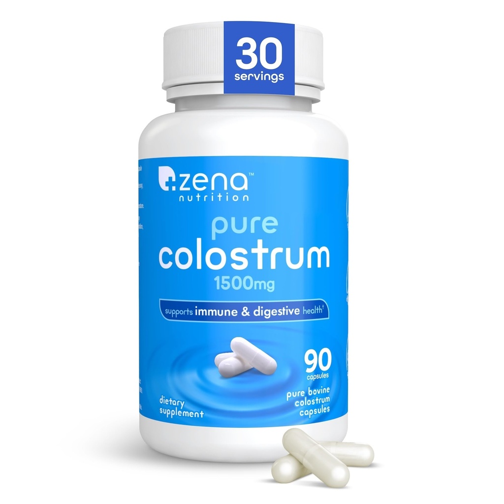 Zena Nutrition Pure Colostrum Capsules, Supplément de 1500mg, Fovine à l'herbe Colostrum, soutient la santé immunitaire et digestive, favorise la santé gustative, sans gluten, sans gras, 1 mois d'approvisionnement, 90 capsules