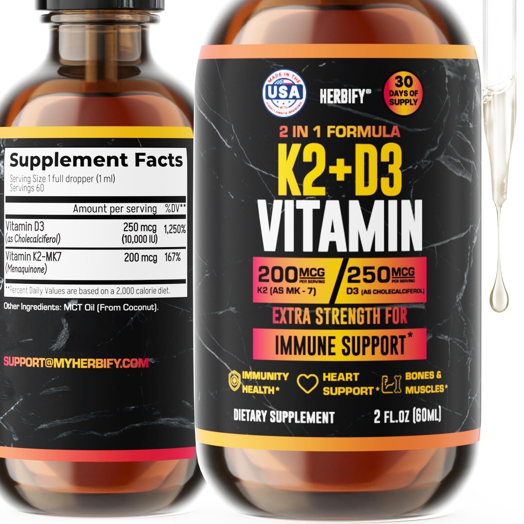 Vitamine D3 K2 gouttes – Vitamines liquides pour femmes, hommes et adolescents - Suppléments de force osseuse - D3 K2 Mt Vitamines pour le soutien immunitaire et la santé cardiaque - Vitamine D3 10000 Iu gouttes liquides K2 – 2 oz