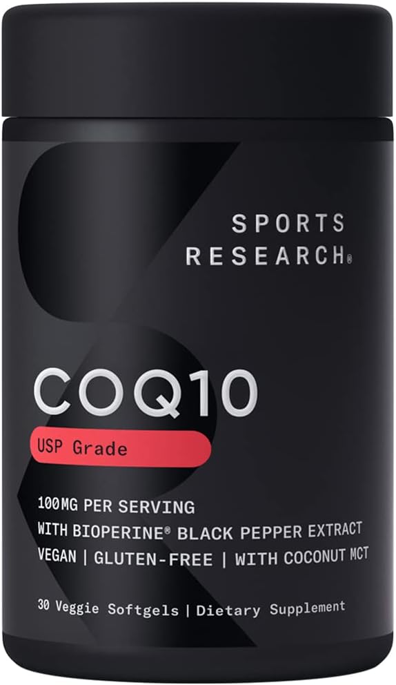 Sports Research CoQ10 (100mg) Enhanced w/Coconut Oil & Bioperine (Black Pepper) for Better Absorption | Vegan, Non-GMO Verified (30 Veggie Softgels)