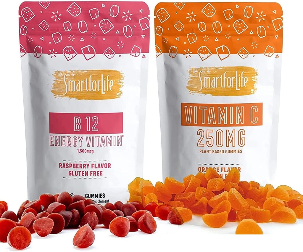 Smart for Life Vitamine C and Vitamine B12 Vitamine B12 1500 mcg Supplément Gummy Vitamine Augmenter Métabolisme et énergie Boost Système Immune Vitamine C 60 Gummies Vitamine B12 Supplément 60 Gummies
