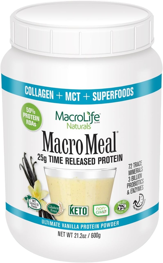 MacroMeal Omni Protein by MacroLife Naturals – Protéines 25g – Peptides de collagène hydrolysés (90%) – Sans gluten et sans hormones – Keto & Paleo Friendly for Sustained Energy - Contient de l'huile de coco MCT