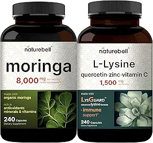 NatureBell Moringa Oleifera 8000mg Par Servant & L-Lysine 1000mg Capsule Pack de packs d'antioxydants super-aliments