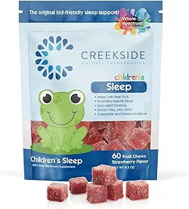 Creekside Naturals Enfants Sleep Real Fruit Chews, 0,5 mg Melatonin Supplément de sommeil avec Camomille, Gommies Vegan Formulés Pédiatriciens, Saveur de Fraise, 60 Chews Fruit