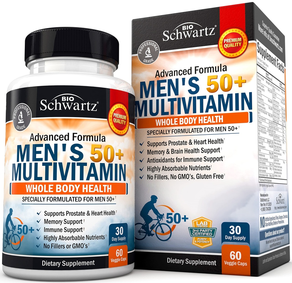 Multivitamine quotidienne pour les hommes de 50 ans et plus - Supplément pour le soutien de la santé cardiaque - avec des vitamines Zinc, A, B, C, D3, E - pour le soutien de la mémoire et de la santé cérébrale - Conçu pour la santé du corps entier - 60 Compte