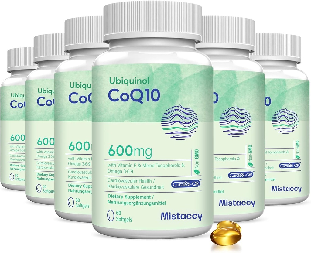 CoQ10 600mg Softgels à haute absorption CoQ10 Supplément Ubiquinol Réduit forme améliorée avec la vitamine E et l'oméga 3 6 9