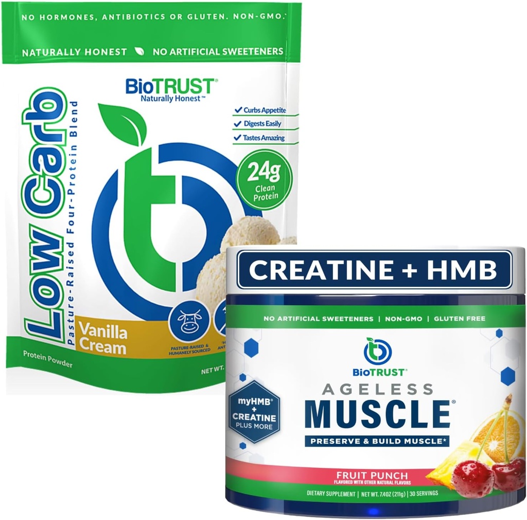 BioTrust Muscle sans âge (Fruit Punch) et lot de protéines multiples à faible teneur en glucides (Vanilla Cream)