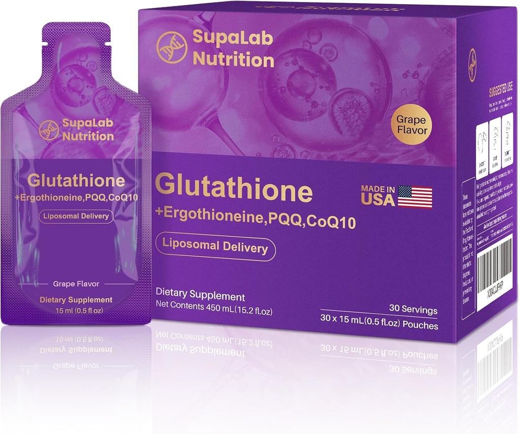 Liposomal Glutathione Supplement – 500mg Glutathione with PQQ, CoQ10 & Vitamin C – High Absorption Antioxidant for Immune & Energy Support – Grape Flavor, 30 Pouch