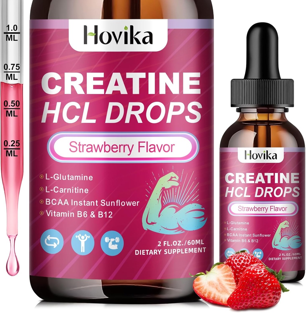 Creatine HCL gouttes liquides pour les hommes et les femmes, chlorhydrate de créatine avec L-Carnitine, L-Glutamine, BCAA, vitamine B12 et B6 pour la croissance musculaire, promouvoir l'énergie et la récupération-Vegan, fraise, 2 Fl Oz