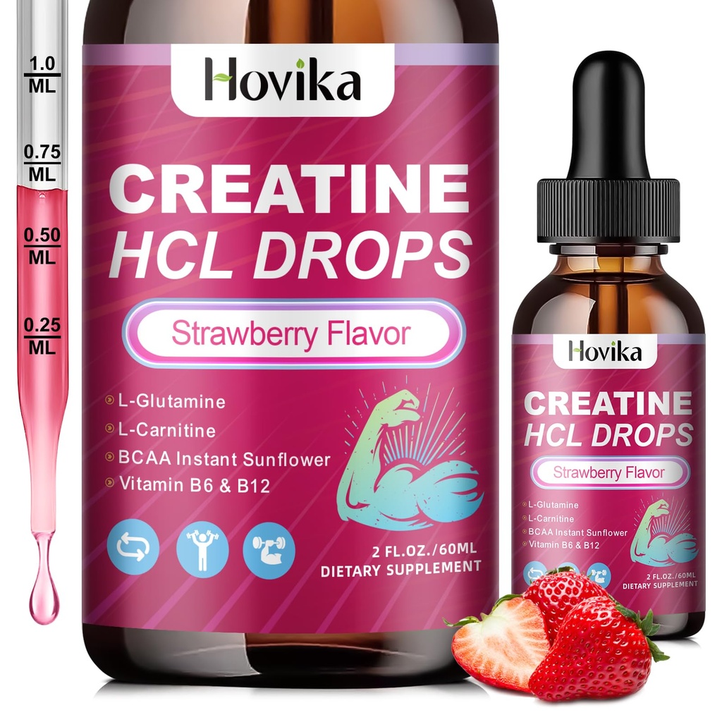 Creatine HCL gouttes liquides pour les hommes et les femmes, chlorhydrate de créatine avec L-Carnitine, L-Glutamine, BCAA, vitamine B12 et B6 pour la croissance musculaire, promouvoir l'énergie et la récupération-Vegan, fraise, 2 Fl Oz