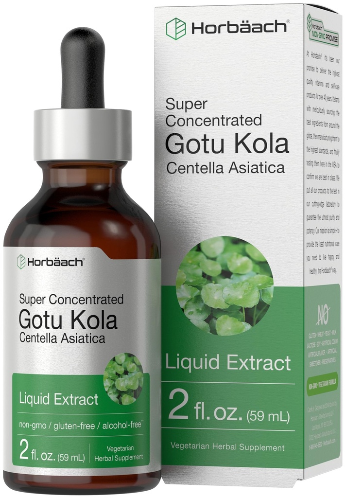 Horbäach Gotu Kola Extrant de 2 fl oz. Sans alcool. Supplément d'herbe liquide super concentré.