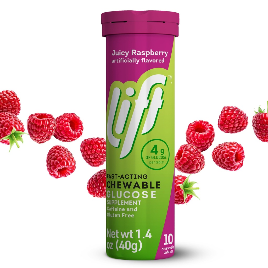Glucose de levage à action rapide Glucose Comprimés d'énergie à mâcher, framboise, tube de 10 ct (paquet de 12)