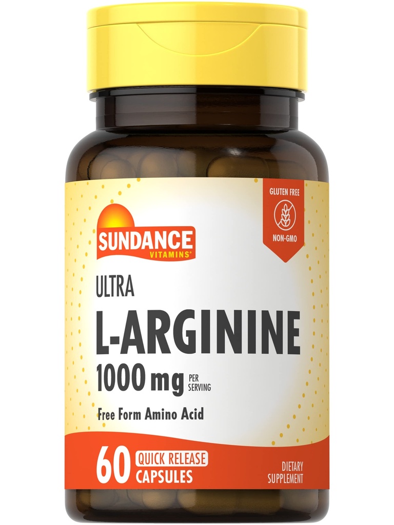 Sundance L-Arginine 1000mg Capsules | 60 Count | Free Form Amino Acid Supplement | Non-GMO and Gluten Free Supplement