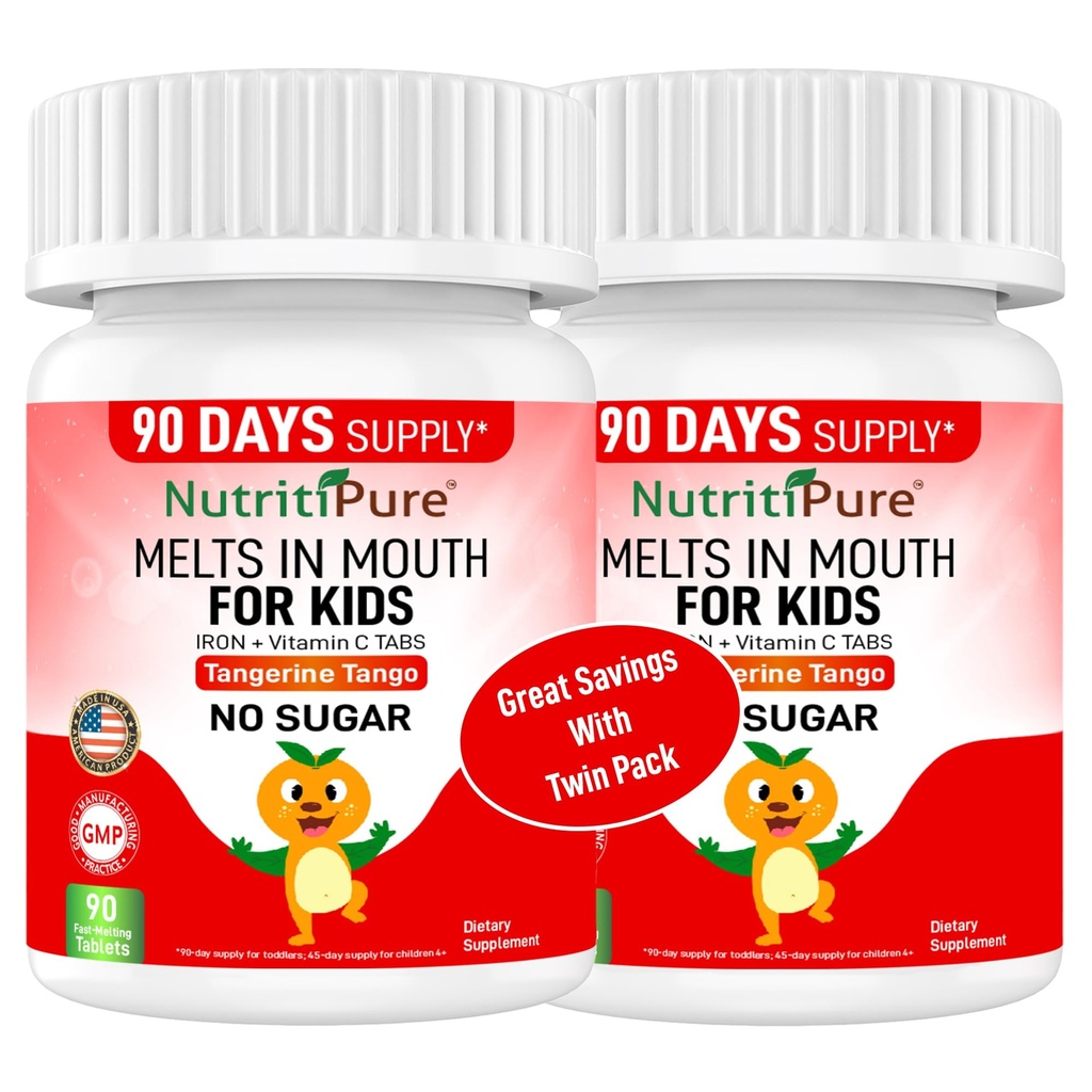 Suppléments de fer à croquer pour enfants (Ferronyl®/Carbonyl Iron 9 mg avec vitamine C 30 mg) Comprimé dans Tangerine Tango Orange Flavor Supplément enfants 90 Compte (2 bouteilles)