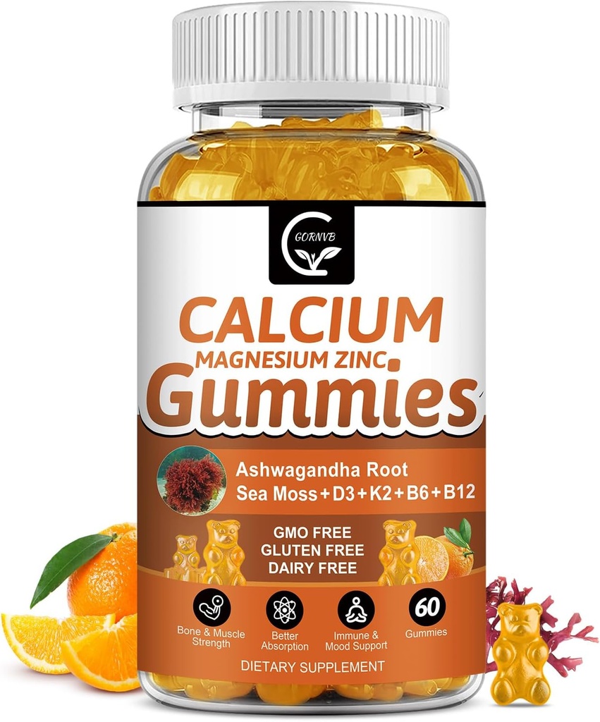 1200mg Gommies de calcium avec vitamine D3,K2,B12 & B6 - Supplément complexe de magnésium de calcium avec glycinate,Potassium,Mousse de mer,Ashwagandha Racine pour os et dents de force, Muscle et Immune
