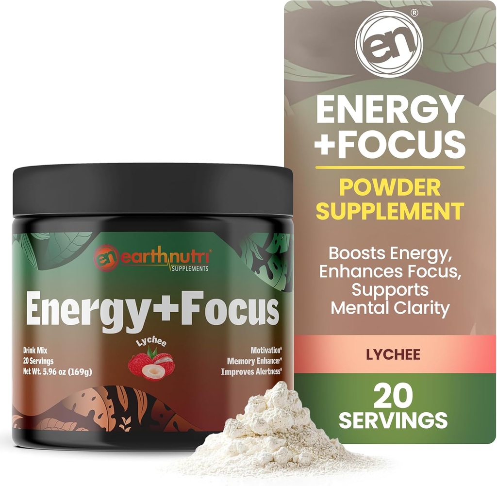 EarthNutri Energy + Focus Powder Supplement - Energy Boost & Helps Concentration with PeakO2, AlphaSize, Cognizin, PurCaf, Theacrine, Acetyl L-Carnitine L-Tyrosine – Lychee Flavor - 20 portions (171g)