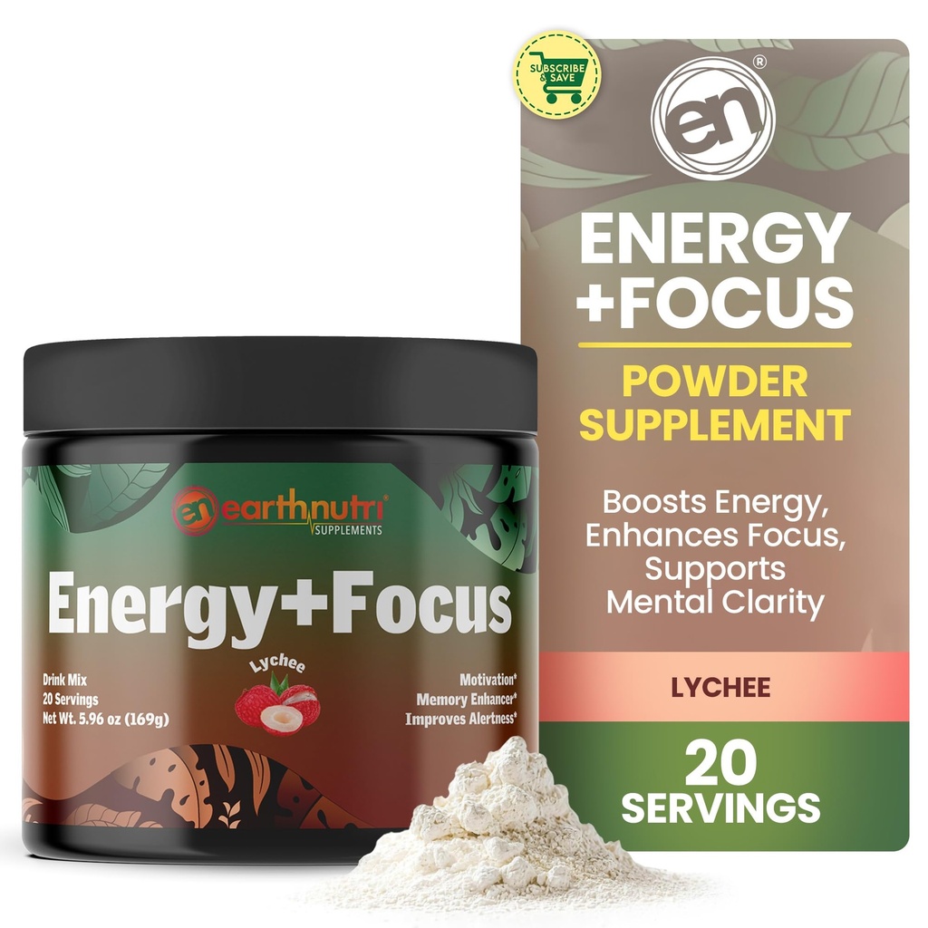 EarthNutri Energy + Focus Powder Supplement - Energy Boost & Helps Concentration with PeakO2, AlphaSize, Cognizin, PurCaf, Theacrine, Acetyl L-Carnitine L-Tyrosine – Lychee Flavor - 20 portions (171g)