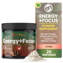 EarthNutri Energy + Focus Powder Supplement - Energy Boost & Helps Concentration with PeakO2, AlphaSize, Cognizin, PurCaf, Theacrine, Acetyl L-Carnitine L-Tyrosine – Lychee Flavor - 20 portions (171g)