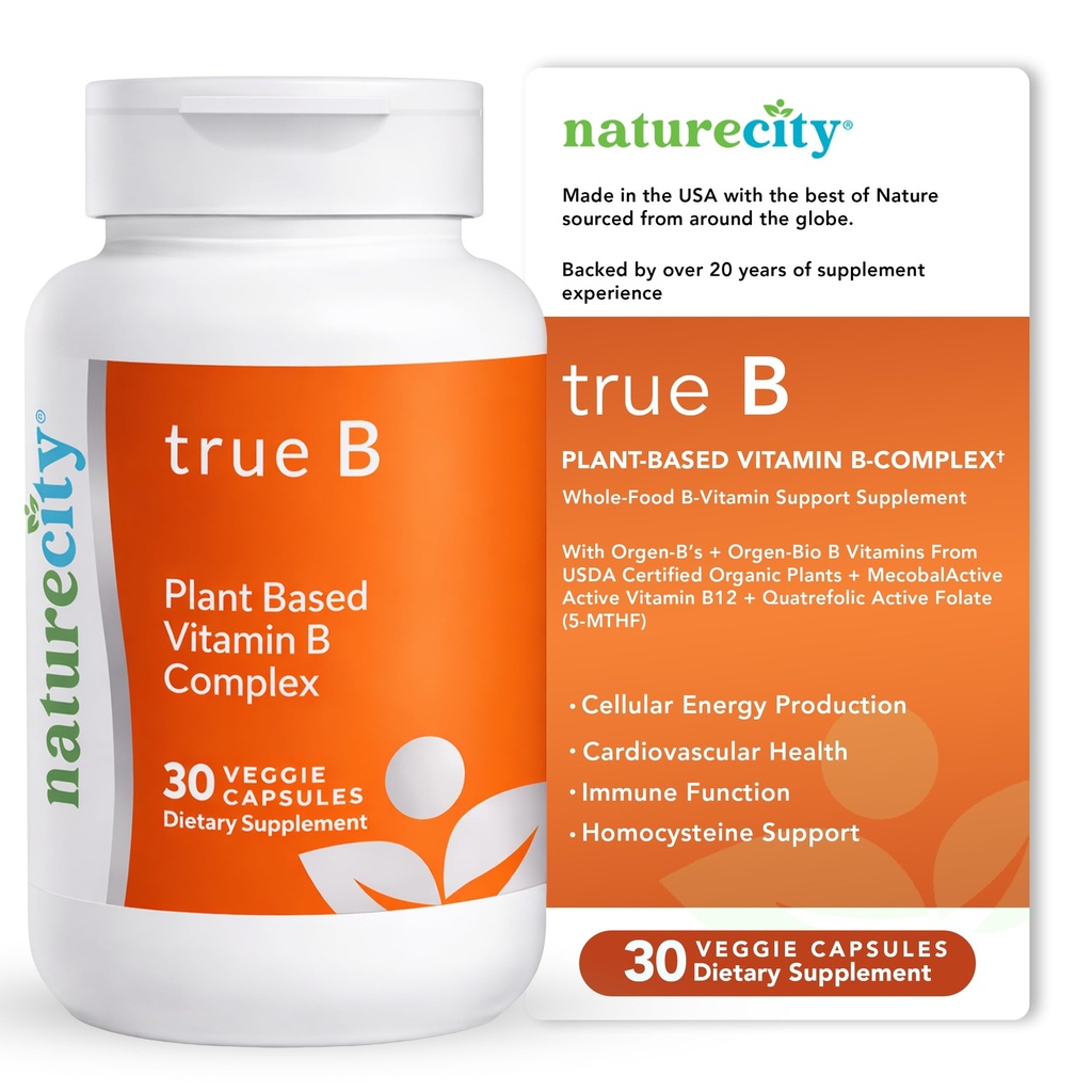 NatureCity True-B Plant-Based Super B Vitamine Complex ComplementFabriqué à partir de sources certifiées de plantes alimentaires entières oraganiques avec folate actif et vitamine B12 - (30 Capsules de légumes)