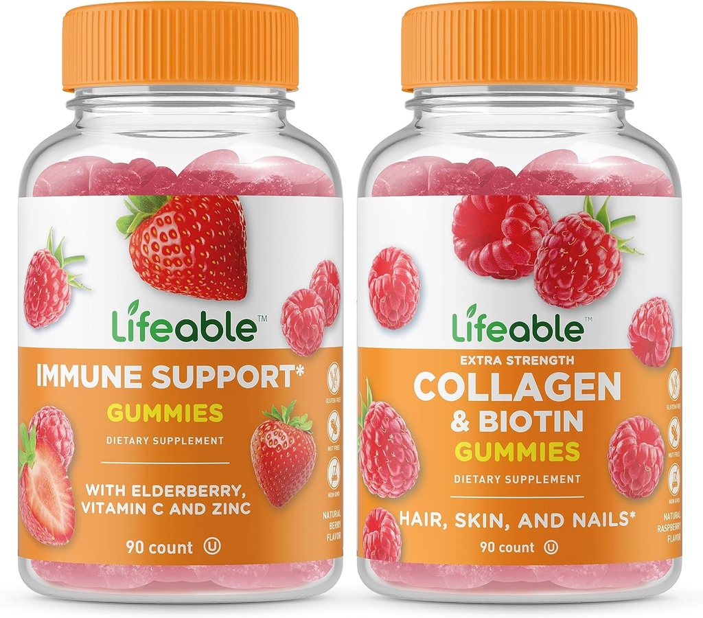 Support immunitaire vivace + collagène et biotine, Gommies Bundle - Grande dégustation, supplément de vitamine, sans gluten, sans OGM, gommy à croquer
