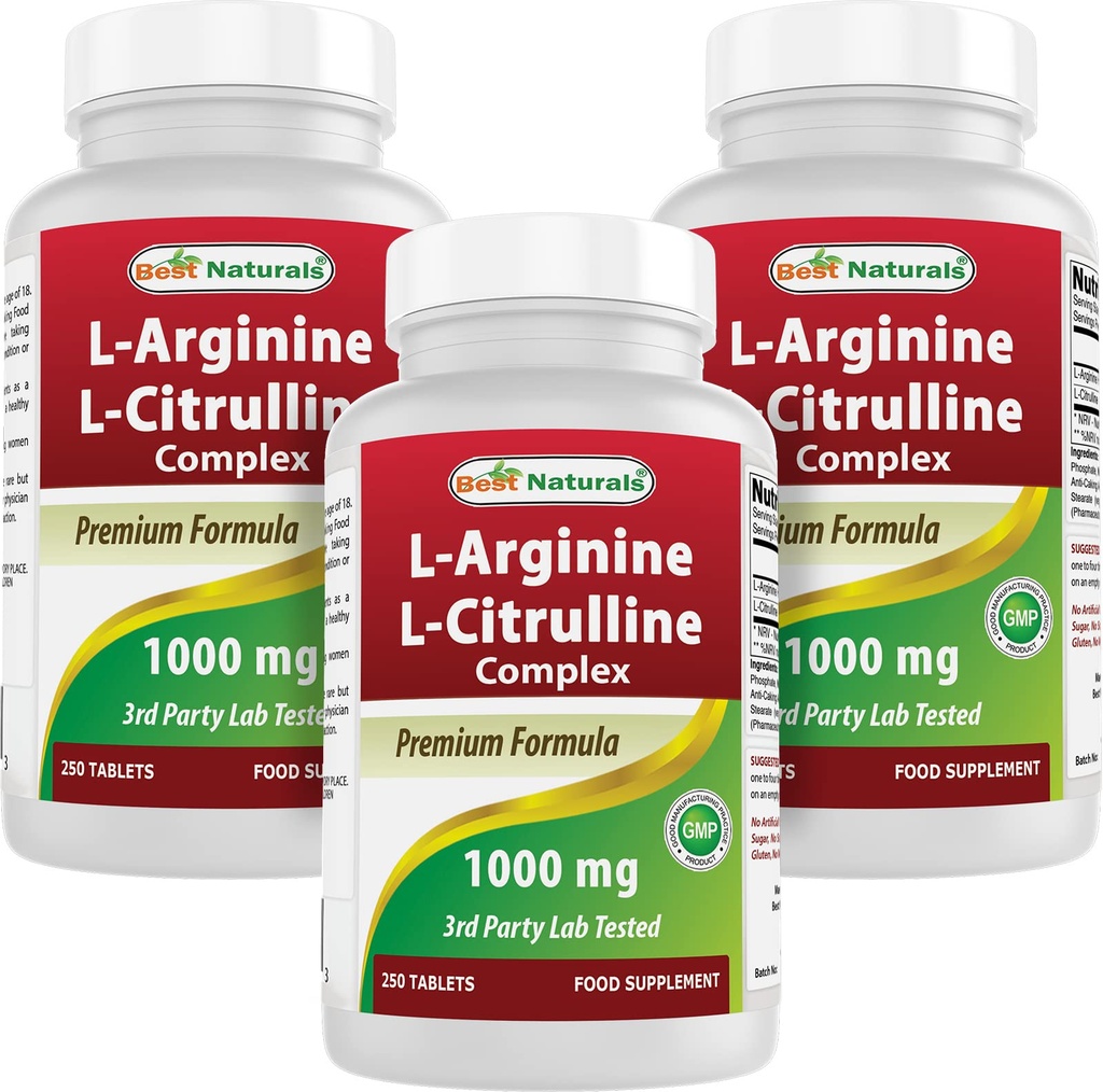 Meilleur complexe naturel L-Arginine L-Citrulline 1000 mg 250 comprimés (250 Nombre (paquet de 3))
