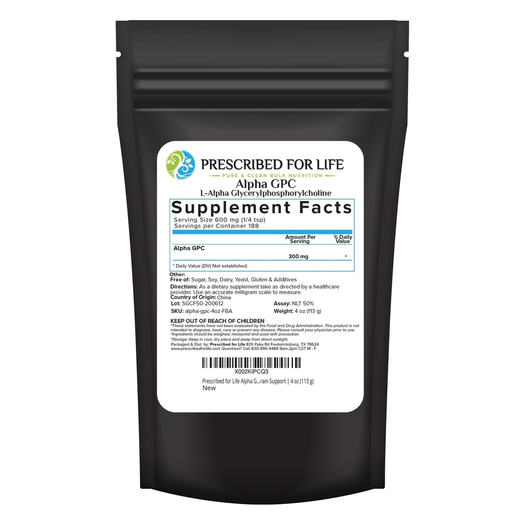 Prescribed For Life Alpha GPC Powder, L Alpha glycerylphosphorylcholine, Supplément Choline pour fonction cognitive, non OGM, végétalien, sans soja (113g)